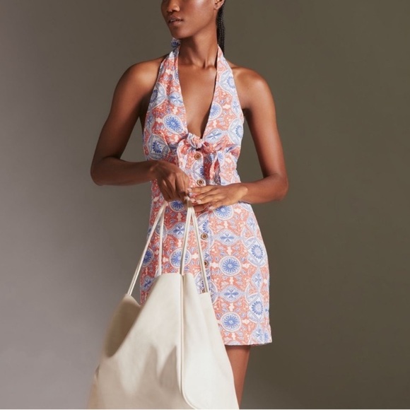 Maeve linen blend button front orange & blue print tie front halter dress. Large - Picture 1 of 10